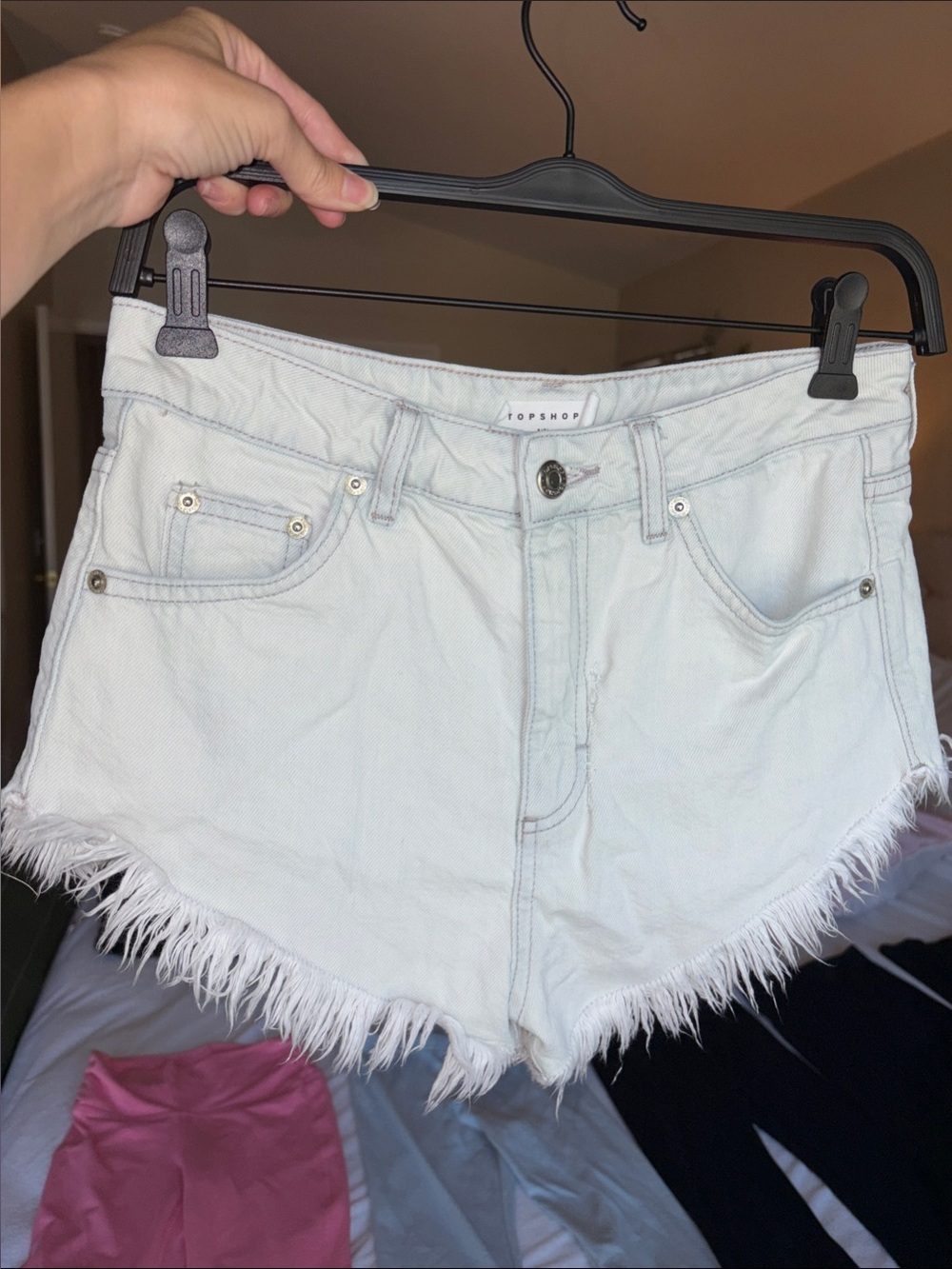 Topshop Kiri Light White Frayed Hem Denim Shorts